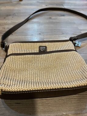 Woven Straw Crossbody Bag with Brown Trim